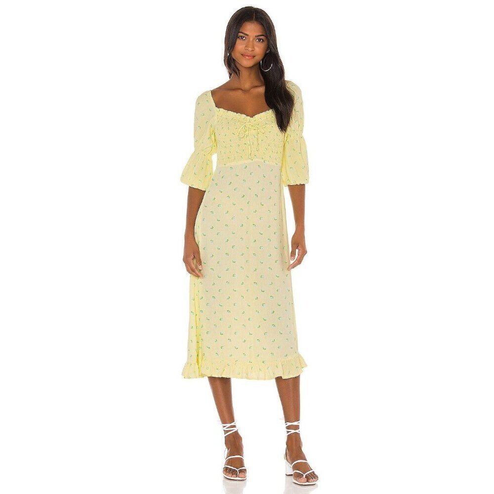 NWT Faithfull The Brand Nora Midi Dress Bisset Floral L Yellow Smocked MSRP $189